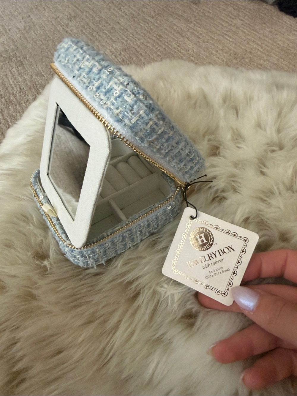 NWT - Travel Blue Tweed Jewelry Box with Mirror